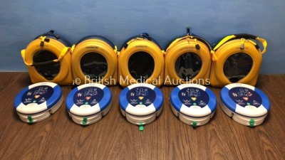 5 x HeartSine Samaritan PAD SAM500P Defibrillators and 1 x Battery - Flat in Cases (All Power Up with Stock Power Supplies - Not Included)