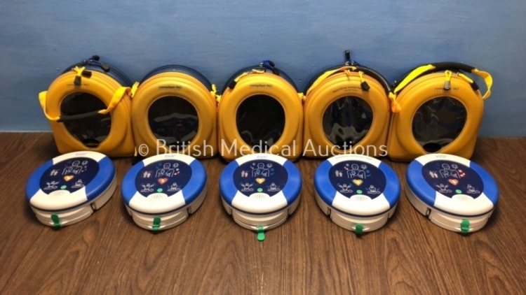 5 x HeartSine Samaritan PAD SAM500P Defibrillators and 1 x Battery - Flat in Cases (All Power Up with Stock Power Supplies - Not Included)