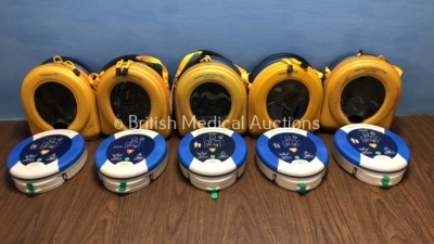 5 x HeartSine Samaritan PAD SAM500P Defibrillators in Cases (All Power Up with Stock Power Supplies - Not Included)