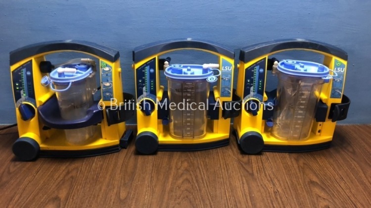 3 x Laerdal LSU Suction Units with 3 x Suction Cups and 3 x Lids (All Power Up) *78051070070 / 78090555206 / 78090957268