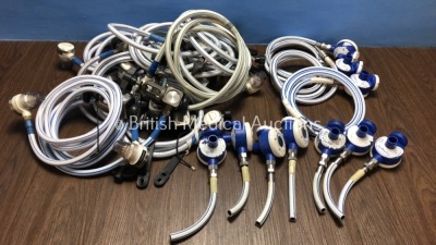 Job Lot of 14 x Entonox Hoses Including 10 x Oxylitre Valves and 7 x Mouth Pieces with Cut Hoses