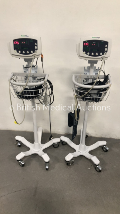 2 x Welch Allyn 53N00 Patient Monitors on Stands (Both Power Up)