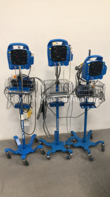 3 x GE Dinamap Procare 400 Vital Signs Monitors on Stands with BP Hoses and SPO2 Patch Leads (2 x Power Up)