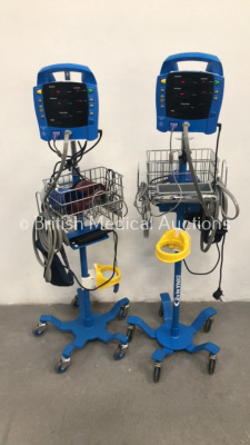 2 x GE Dinamap Procare Auscultatory 300 Vital Signs Monitors on Stands with BP Hoses and SPO2 Patch Leads (Both Power Up)