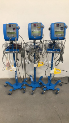 2 x GE Pro 300 V2 Vital Signs Monitors on Stands with BP Hoses and SPO2 Finger Sensor Patch Leads and 1 x GE Pro 300 Vital Signs Monitor on Stand with