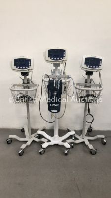 3 x Welch Allyn 53N00 Vital Signs Monitors on Stands with Selection of Leads (2 x Powers Up - 1 x Draws Power Blank Screen)