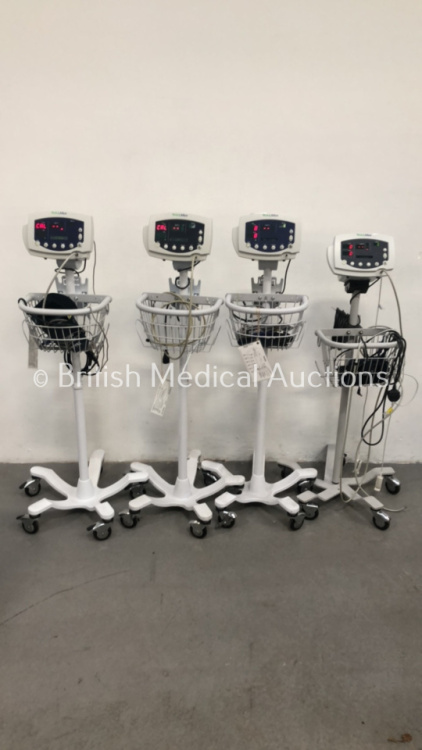 4 x Welch Allyn 53N00 Vital Signs Monitors on Stands with Cables (All Power Up)