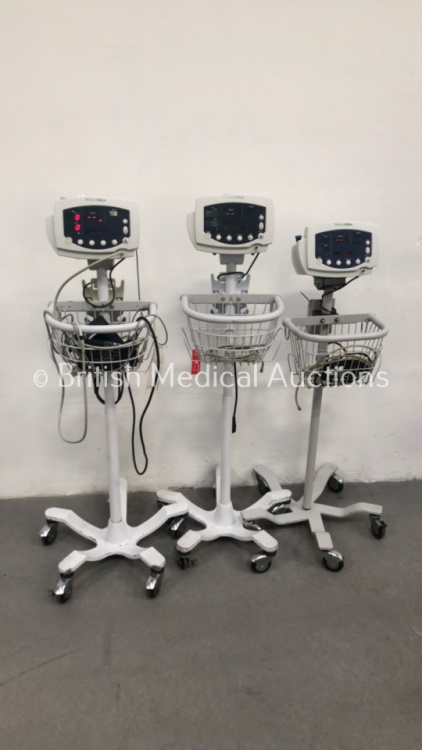 3 x Welch Allyn 53N00 Vital Signs Monitors on Stands with Cables (All Power Up)