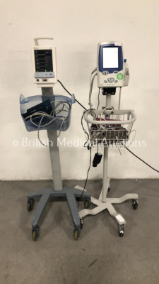 1 x Welch Allyn Spot Vital Signs LXi Patient Monitor on Stand with SPO2 Finger Sensor, BP Hose and Cuff and 1 x Datascope Duo Patient Monitor on Stand