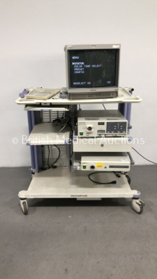 Olympus Stack Trolley with Sony Trinitron Monitor, Olympus Evis CLV-U20 Light Source and Olympus EU-M30 Endoscopic Ultrasound Centre (Powers Up)