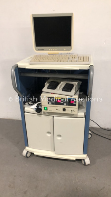 Stack Trolley with Olympus OES PSD-20 Electrosurgical Unit, Monitor, Keyboard and Footswitch (Powers Up)