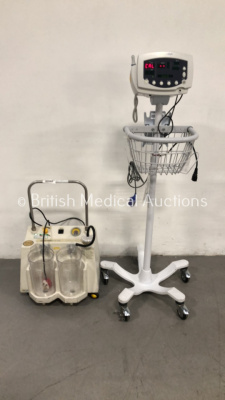 1 x Eschmann VP35 Twin Jar Suction Pump with 2 x Cups (No Power) and 1 x Welch Allyn 53NT0 Vital Signs Monitor on Stand (Powers Up)