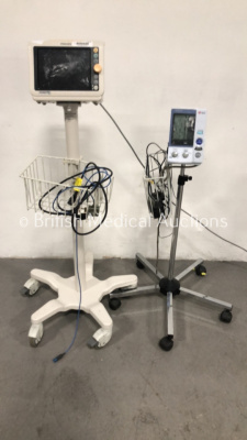 1 x CSI Criticare Patient Monitor on Stand (Powers Up), 1 x Omron Blood Pressure Meter on Stand (No Power) and 1 x Philips SureSigns VM6 Patient Monit