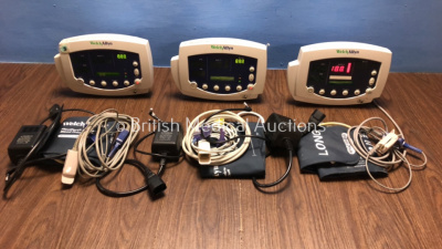 3 x Welch Allyn 53N00 Patient Monitor with 3 x Power Supplies 3 x SpO2 Leads with Sensors and 3 x BP Hoses with Cuffs (All Power Up)