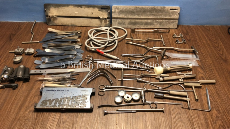 Job Lot of Various Surgical Instruments Including Synthes Compact Hand 2.0 Set (Some Missing Parts) in Metal Tray