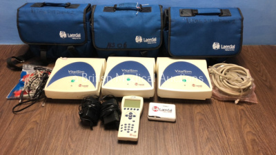 3 x Laerdal Vitalsim Vital Signs Simulators with 2 x Power Supplies (All Power Up) in Carry Cases with Accessories