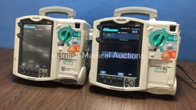 2 x Philips HeartStart MRx Defibrillators with BP1,BP2,NBP,ECG,SpO2,Temp and CO2 Options,2 x Modules and 2 x Batteries (Both Power Up-1 x Damage to Sc - 5