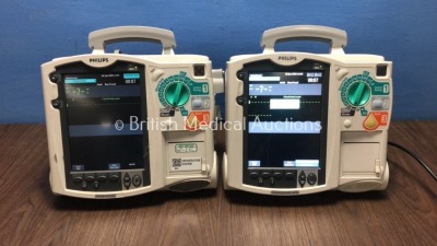 2 x Philips HeartStart MRx Defibrillators with BP1,BP2,NBP,ECG,SpO2,Temp and CO2 Options,2 x Modules and 2 x Batteries (Both Power Up-1 x Damage to Sc - 6