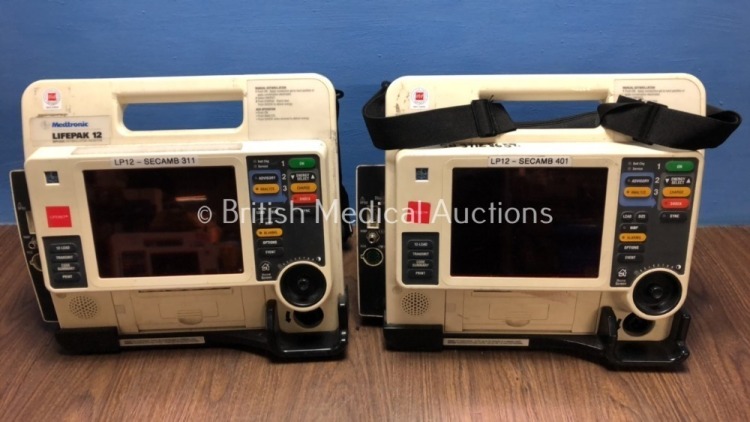 2 x Medtronic Lifepak 12 Biphasic Defibrillator / Monitors Including ECG, SpO2, NIBP, CO2 and Printer Options *Mfd 2008* (Both Power Up with Stock Battery, 1 with Service Message, Battery Not Included) *S/N 37128659 / 36218030*