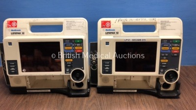 2 x Medtronic Lifepak 12 Biphasic Defibrillator / Monitors Including ECG, SpO2, NIBP, CO2 and Options *Mfd 2008* (Both Power Up with Service Light with Stock Battery, Battery Not Included) *S/N 37126331 / 37128653*