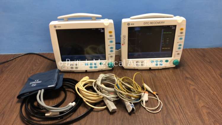 2 x GE B30 Patient Monitors with 1 x GE E-PSMPW Module Including ECG, SpO2, NIBP, P1, P2, T1 and T2 Options with Leads and Finger Sensor *Mfd Both 2010* (Both Power Up with Slight Damage to 1 Casing - See Photo)