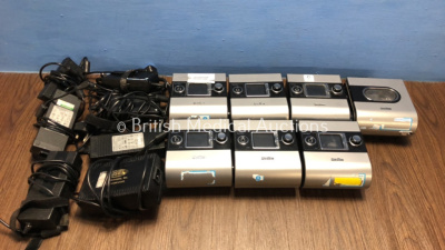 Job Lot Including 5 x ResMed S9 Autoset and 1 x S9 Escape CPAPs with 7 x Power Supplies and 1 x H5i Humidifier (All Power Up with some Casing Damage - See Photos) *23132139423 / 22151778731 / 22151959639 / 23141225053 / 23121581739 / 23132165155 / 2310106