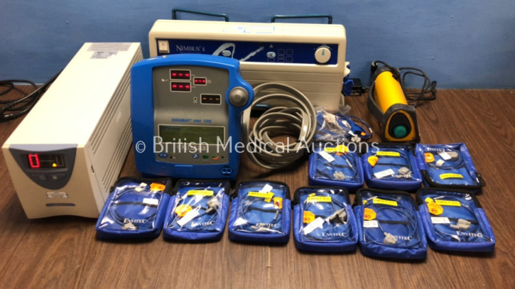 Mixed Lot Including 1 x Critikon Dinamap Pro 100, 1 x Nimbus 3 Advanced Dynamic Flotation System, 1 x Powervar Ametek UPS, 1 X TruSat Oximeter with Power Supply and 11 x Envitec Leads for Nellcor Oximeters *900018626 / FCC13340052SA / 00M1519035