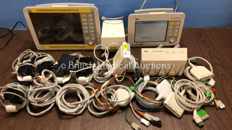 Job Lot Including Drager Infinity Gamma XL Monitor, 1 x Infinity Delta XL Monitor with 1 x Power Charger (Both Power Up) 1 x Infinity HemoMed, 1 x etCO2 Microstream, 5 x MS29558-04 Bedside Ports and Various Monitor Leads