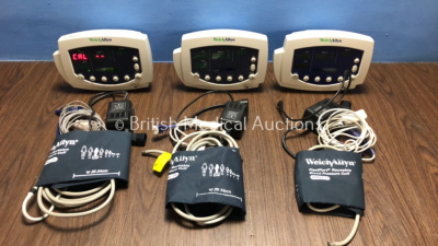 3 x Welch Allyn 53N00 Patient Monitor with 3 x Power Supplies 3 x SpO2 Leads and 3 x BP Hoses with Cuffs (All Power Up)