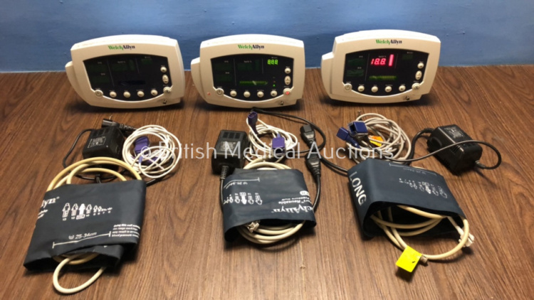 3 x Welch Allyn 53N00 Patient Monitor with 3 x Power Supplies 3 x SpO2 Leads and 3 x BP Hoses with Cuffs (All Power Up)