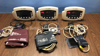 3 x Welch Allyn 53N00 Patient Monitor with 3 x Power Supplies 3 x SpO2 Leads and 3 x BP Hoses with Cuffs (All Power Up)