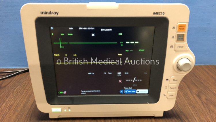 Mindray iMEC10 Patient Monitor with ECG, SpO2, NIBP, T1 and T2 Options *2019-01* (Powers Up with Missing Side Cover - See Photo) *EX-8C064258*