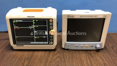 1 x Philips Sure Signs VM6 Bedside Monitor Including ECG, SpO2, Temp and NIBP Options *Mfd 2007-03* (Powers Up with Small Mark to Screen - See Photo) and 1 x Datascope Trio Patient Monitor (Powers Up with Blank Screen and Broken Handle) *US63508601 / MC20