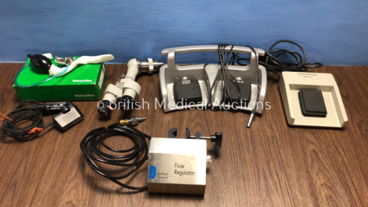 Mixed Lot Including 1 x Zeiss Microscope Eyepiece, 1 x Olympus MH-317 Foot Control, 1 x Ethicon FSW11 Foot Control, 1 x Confluent Surgical Flow Regulator FR-6065, and 1 x Welch Allyn Rectal Light Handle