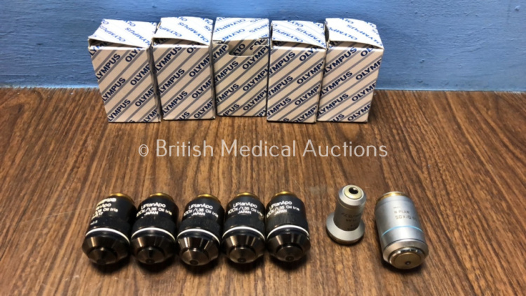 Job Lot of Microscope Optics Including 5 x Olympus UPlanApo 100x / 1,35 Oil Iris, 1 x Leica N Plan 50x /0.90 Oil and 1 x Leica C Plan 10x / 0.22