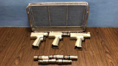 Stryker System 5 Set Including 1 x Rotary 4203 Handpiece, 1 x Sagittal 4208 Handpiece, 1 x Recip 4206, 1 x Drill 4100-131, 1 x Drill 4103-110, 1 x Reamer 4103-235, 1 x Reamer 4103-210 and 1 x AO Large 4100-210 in Metal Tray