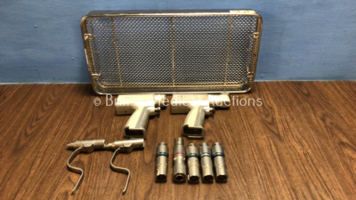 Job Lot Including 2 x Stryker Handpieces (1 x Rotary 4103 / 1 x Sagittal) and 7 x Stryker Attachments Including 2 x Pin Collet4100-125, 4 x Drill 4103-131 and 1 x Reamer 4100-210 in Metal Tray