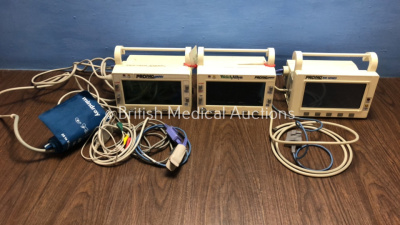 Job Lot of 3 x Patient Monitors Including 1 x Welch Allyn Propaq Encore, 1 x Protocol Propaq Encore and 1 x Protocol Propaq 100 Series with 2 x Sp02 Leads with Sensors, 1 x ECG Lead and 2 x NIBP Leads with 1 x Cuff