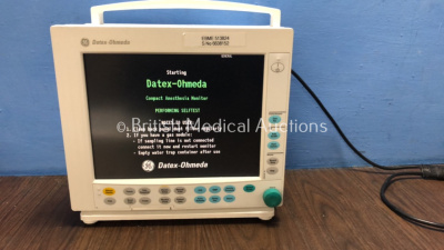 Datex Ohmeda F-CM1-05 Compact Anesthesia Monitor *Mfd 2010* 1 x GE E-PRESTN Module Including ECG, NIBP, P1-P2, T1-T2 and SpO2 Options *Mfd 2009* (Powers Up)