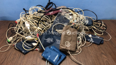 Job Lot of Various Patient Monitoring Cables Including ECG Leads, SpO2 Leads, NIBP Hoses and Cuffs