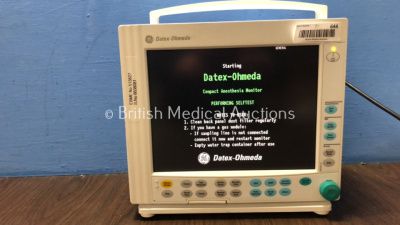 Datex Ohmeda F-CM1-05 Compact Anesthesia Monitor *Mfd 2010* 1 x GE E-PRESTN Module Including ECG, NIBP, P1-P2, T1-T2 and SpO2 Options *Mfd 2009* (Powers Up with Missing Side Cover-See Photo)