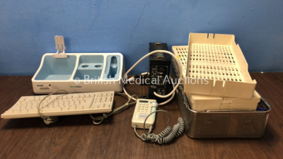 Mixed Lot Including 1 x Welch Allyn GS Diagnostic Desk System Charger, 1 x Invacare 24 Volt Battery Charger, 1 x Huntleigh Dopplex FD1 Doppler Unit, 1 x Olympus Keyboard, 1 x Metal Instrument Tray and 2 x Plastic Instrument Trays (1 with Missing Lid)