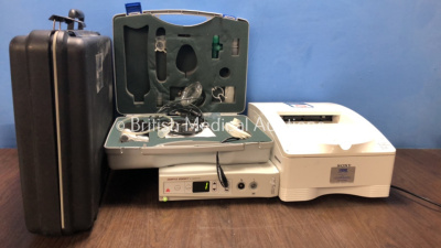 Mixed Lot Including 1 x Stryker Serfas Energy RF Generator (Powers Up) 1 x Sony UP-DR80MD Color Video Printer (Powers Up) 1 x Olympus Scope Case, 1 x Micro Medical H2 Breath Analyzer in Carry Case (Untested Due to Possible Flat Battery)