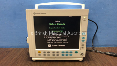 GE Datex Ohmeda F-CM1-04 Compact Anaesthesia Monitor *Mfd 2008* with 1 x GE E-PRESTN Module Including ECG, SpO2, T1, T2, P1 and P2 Options *Mfd 2008* 1 x GE E-CAiO Module Including D-fend Water Trap *Mfd 2008* (Powers Up with Missing Dial-See Photo) *6291