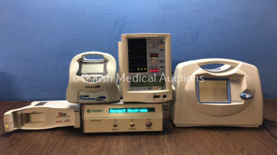 Mixed Lot Including 1 x Masimo Radical Signal Extraction Pulse Oximeter (Powers Up) 1 x Datascope Accutorr Plus Patient Monitor (Powers Up) 1 x DVT Series Pneuma Press Pump (No Power) 1 x Linvatec Microchoice Drive Console (Powers Up) 1 x KCI V,A,C Pump