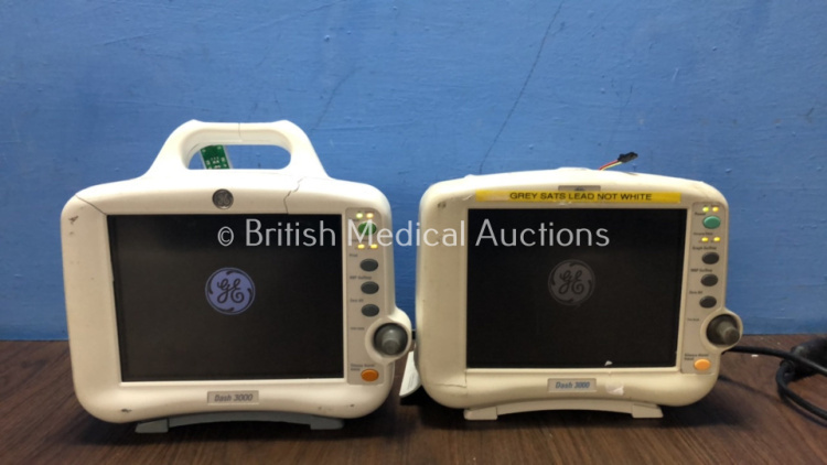 2 x GE Dash 3000 Patient Monitors Including ECG, CO2, NBP, BP1/2, BP2/4 SpO2 and Temp/CO Options (Both Power Up with Damage-See Photos)