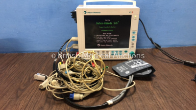 Datex Ohmeda S/5 Compact Anesthesia Monitor with 1 x GE M-CAiO Module Including D-fend Water Trap, 1 x GE M-NESTPR Module Including ECG, NIBP, P1, P2, T1, T2 and SpO2 Options, 1 x SpO2 Finger Sensor Lead, 1 x NIBP Hose, 1 x P1 Lead and 1 x 6 Lead ECG Lead