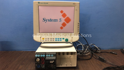 Datex Ohmeda S/5 Anesthesia Monitor with 1 x Datex Ohmeda F-CU8 Module Rack, 1 x Datex Ohmeda M-NESTPR Module Including ECG, SpO2, P1, P2, NIBP, T1 and T2 Options, 1 x Datex Ohmeda M-CAiOV Module (Powers Up with Blurred Image-See Photo)