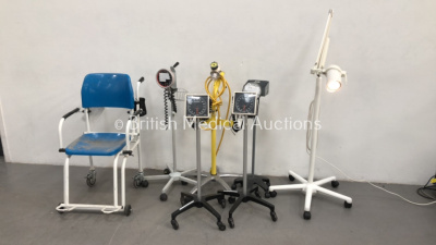 Mixed Lot Including 1 x Wheelchair Weighing Scales, 4 x Blood Pressures Meters, 1 x Luxo Patient Examination Lamp on Stand (Powers Up) and 1 x Regulator on Stand