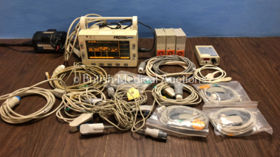 Job Lot Including 1 x Welch Allyn Propaq Encore Monitor with Power Supply (Powers Up) 3 x C,O, M1012A Modules, Various GE Monitor Leads Including 8 x Finger Clips and 1 x Braun Stimuplex DIG